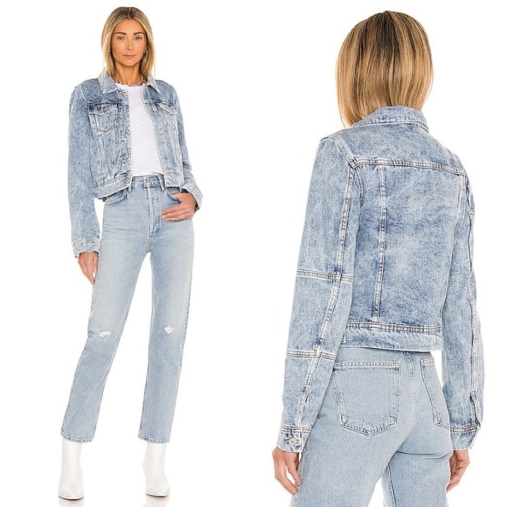 Free People Blue Acid Wash Denim Trucker Jacket M